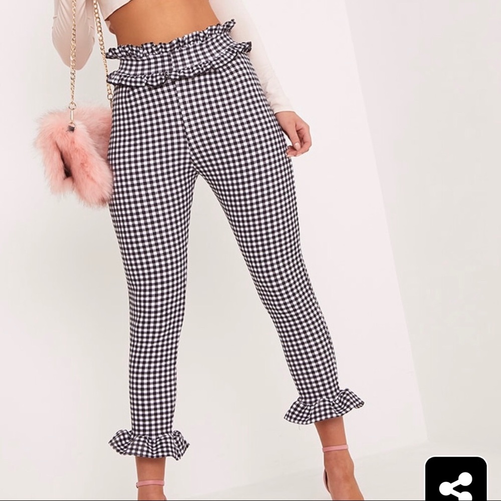 PrettyLittleThing Keren White Gingham Frill Pants